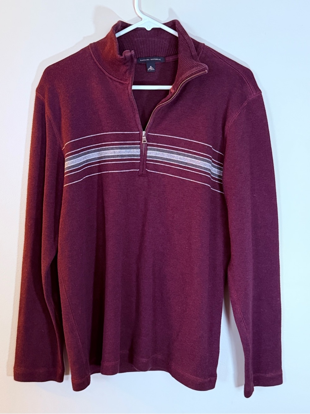 Banana Republic Men's Burgundy Half-Zip Sweater with Stripe Detail